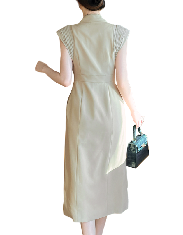 Timeless & Elegant Pleated Cap Sleeves Lapel Neck Dresses for Women - B4-DRESS-B347