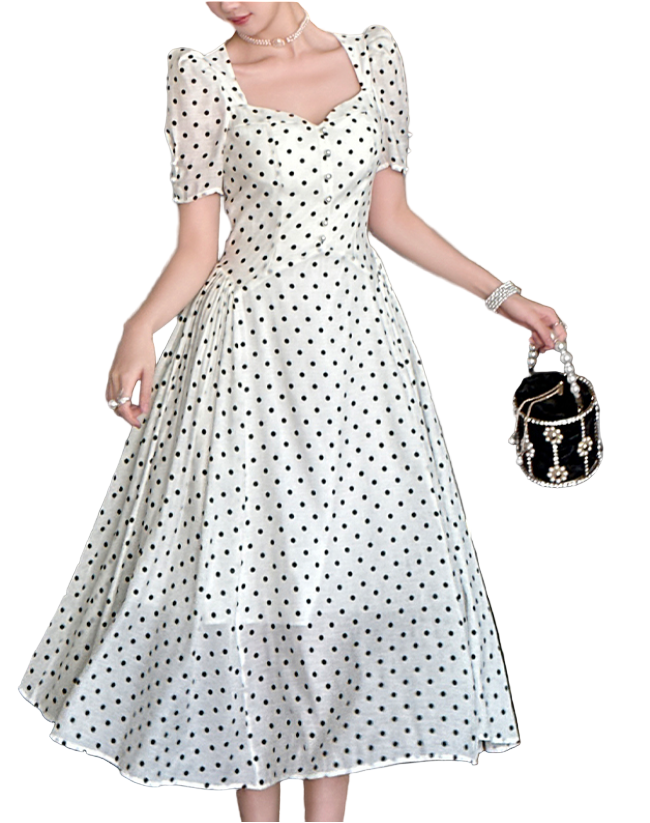 Timeless & Elegant Polka Dot Sweetheart Neck Short  Sleeves Flowy White Rayon Maxi Dresses for Women - B4-DRESS-B337