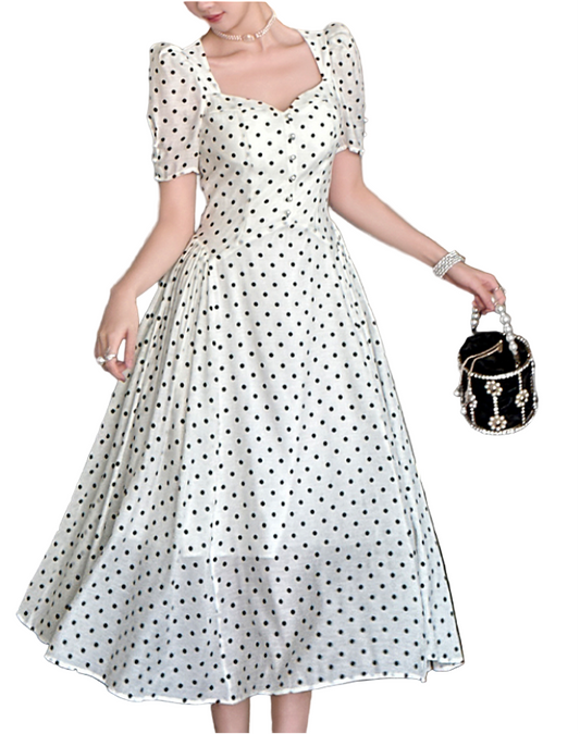 Timeless & Elegant Polka Dot Sweetheart Neck Short  Sleeves Flowy White Rayon Maxi Dresses for Women - B4-DRESS-B337