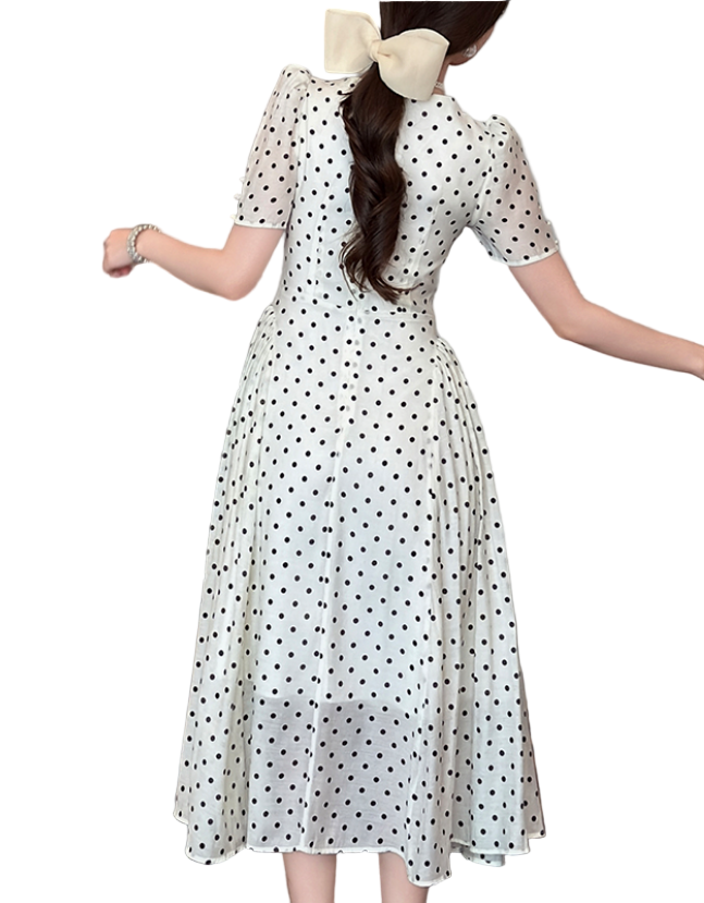 Timeless & Elegant Polka Dot Sweetheart Neck Short  Sleeves Flowy White Rayon Maxi Dresses for Women - B4-DRESS-B337