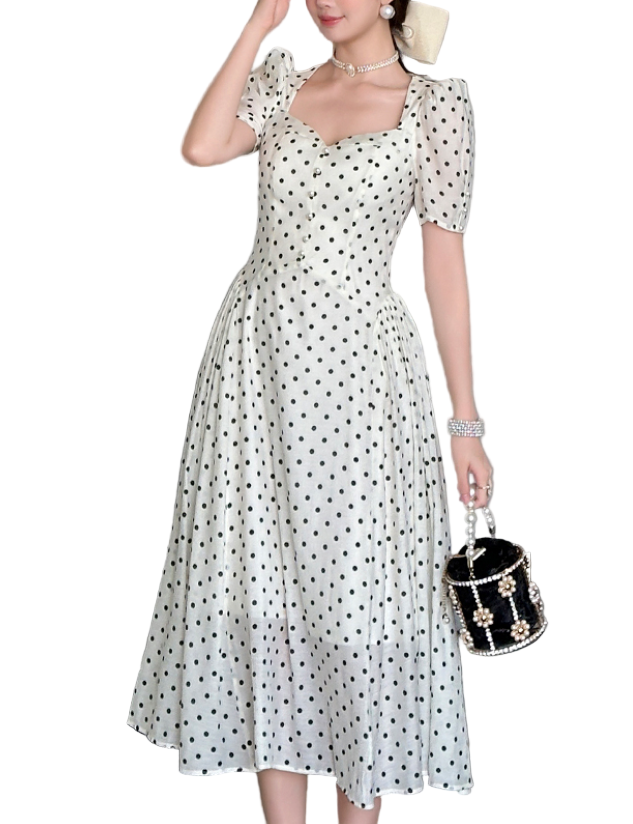 Timeless & Elegant Polka Dot Sweetheart Neck Short  Sleeves Flowy White Rayon Maxi Dresses for Women - B4-DRESS-B337