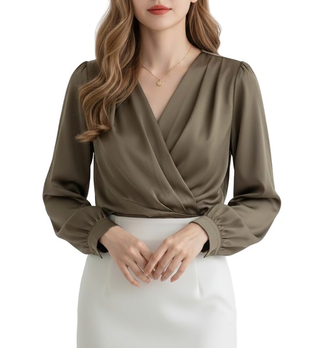 Timeless & Elegant Premium Satin V-neck Pleated  Long Sleeve Blouses for Women  - B13-TOP-89