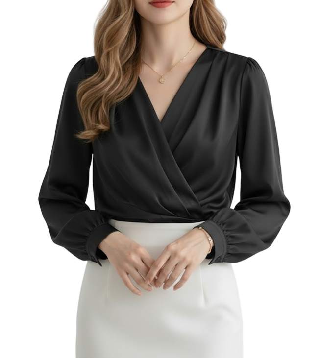 Timeless & Elegant Premium Satin V-neck Pleated  Long Sleeve Blouses for Women  - B13-TOP-89