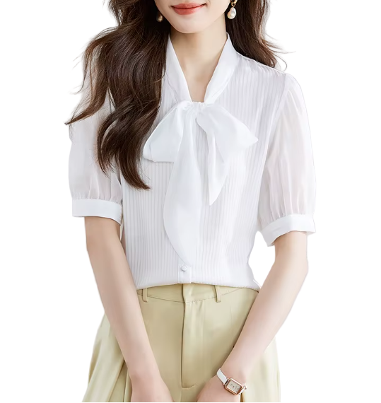 Timeless & Elegant Short Sleeve Bow Button Up Shirts for Women  - B13-TOP-350