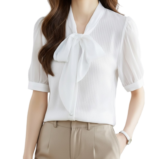 Timeless & Elegant Short Sleeve Bow Button Up Shirts for Women  - B13-TOP-350