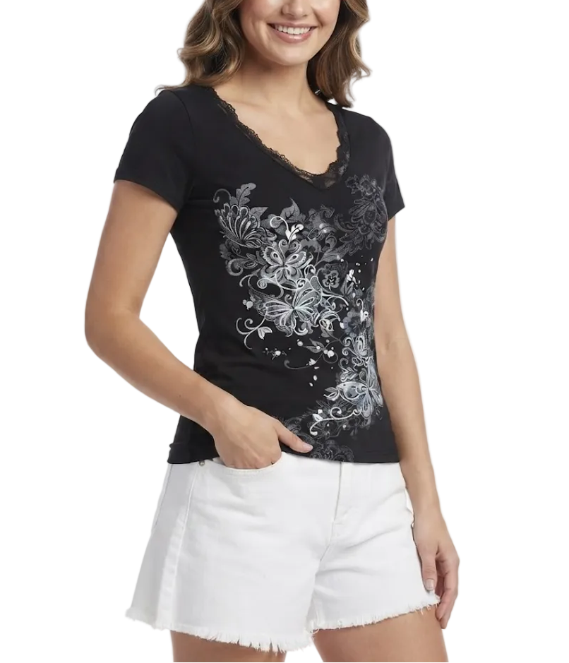 Timeless & Elegant Short Sleeve Lace Trim V-Neck Tops for Women - BP-B20 -TOP-55
