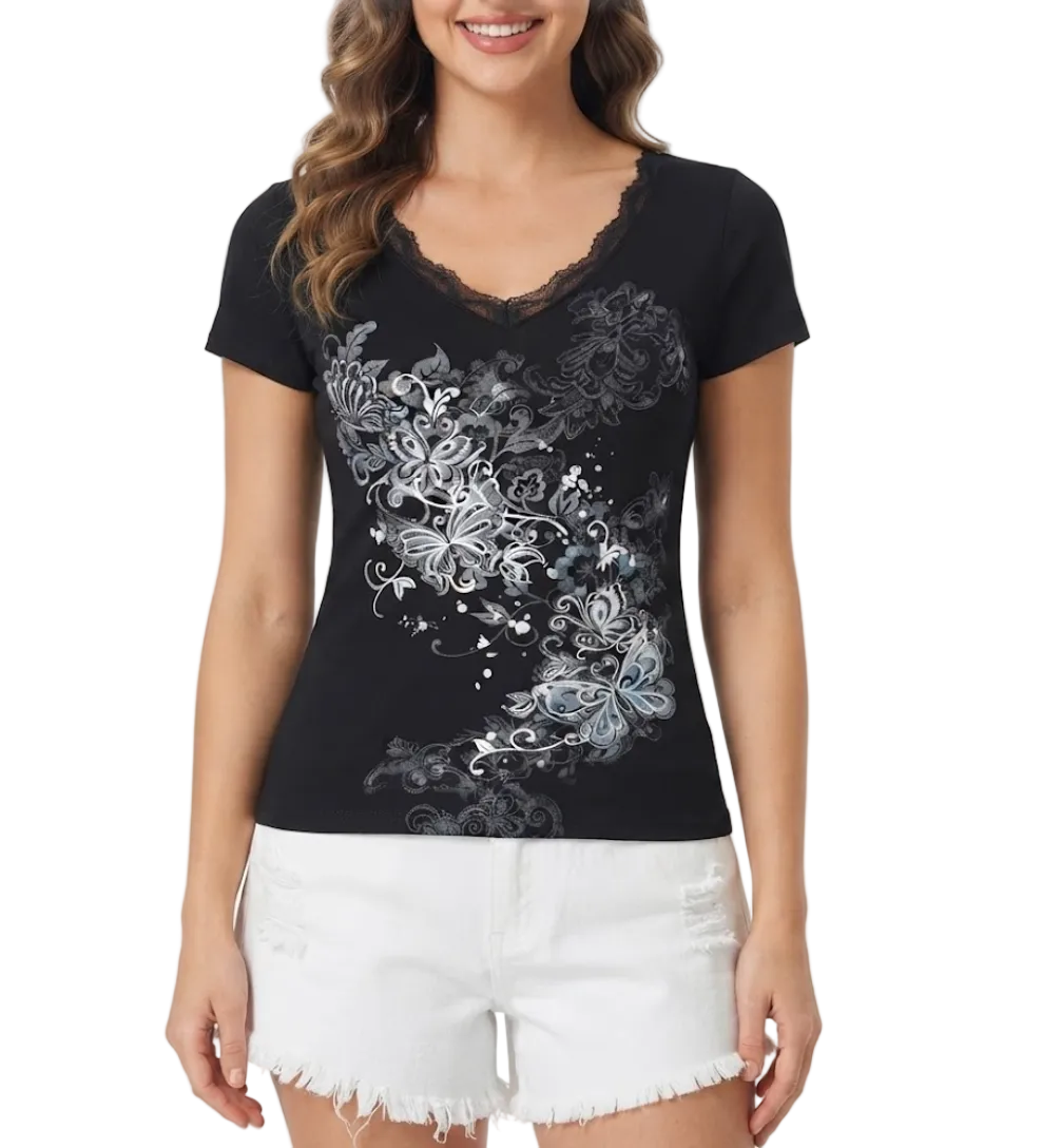 Timeless & Elegant Short Sleeve Lace Trim V-Neck Tops for Women - BP-B20 -TOP-55