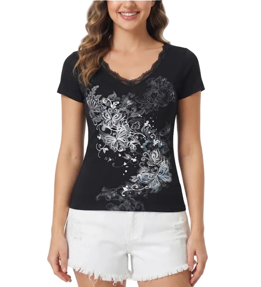 Timeless & Elegant Short Sleeve Lace Trim V-Neck Tops for Women - BP-B20 -TOP-55
