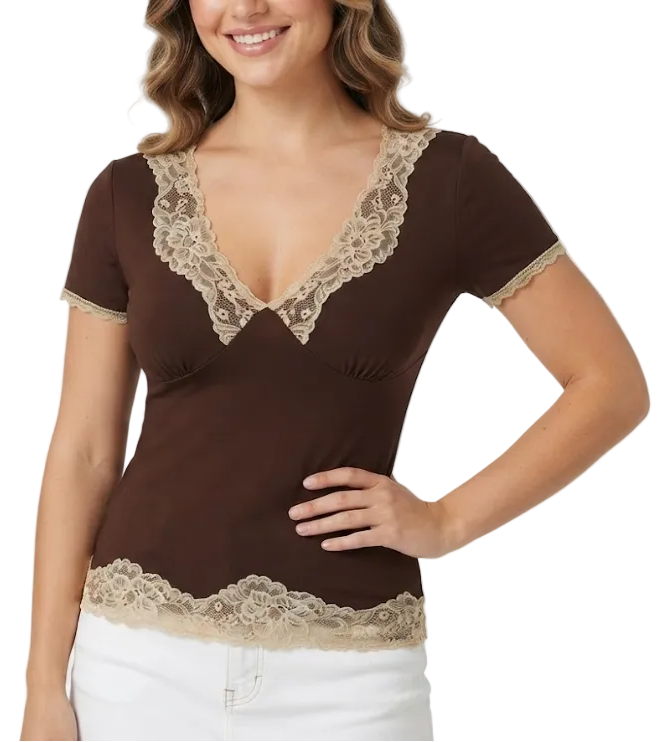 Timeless & Elegant Short Sleeve Lace Trim V-Neck Tops for Women - BP-B20 -TOP-28