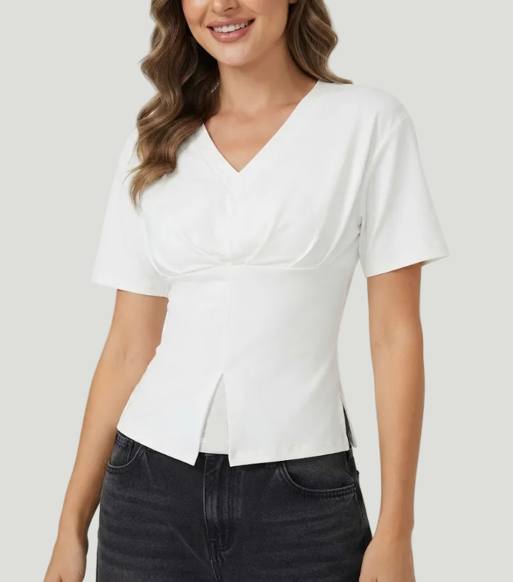 Timeless & Elegant Short Sleeve V-neck Side Slit Design Tops for Women - BP-B20 -TOP-129