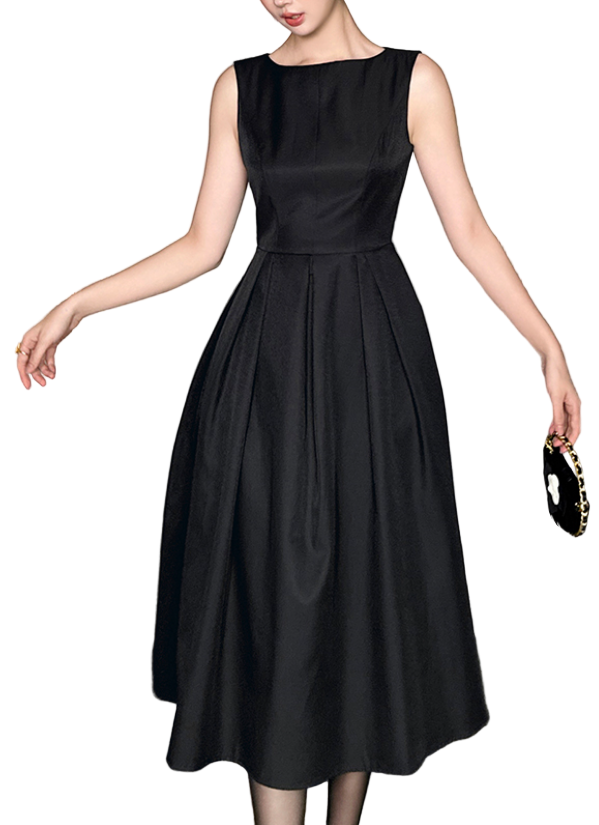 Timeless & Elegant Sleeveless A-Line Pleated Black Summer Dresses - B4-DRESS-B340