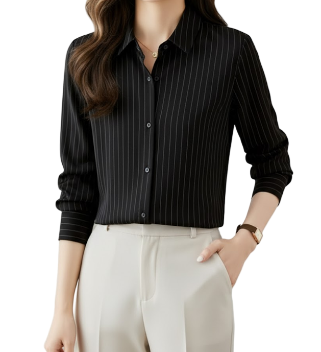 Timeless & Elegant Turn Down Collar Long Sleeve Stripped Satin Shirts for Women  - B13-TOP-99