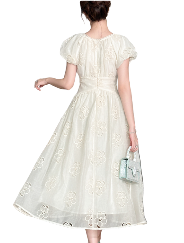 Timeless & Elegant White Color Puff Sleeve Embroidered a - Line Chiffon Dresses - B4-DRESS-B339
