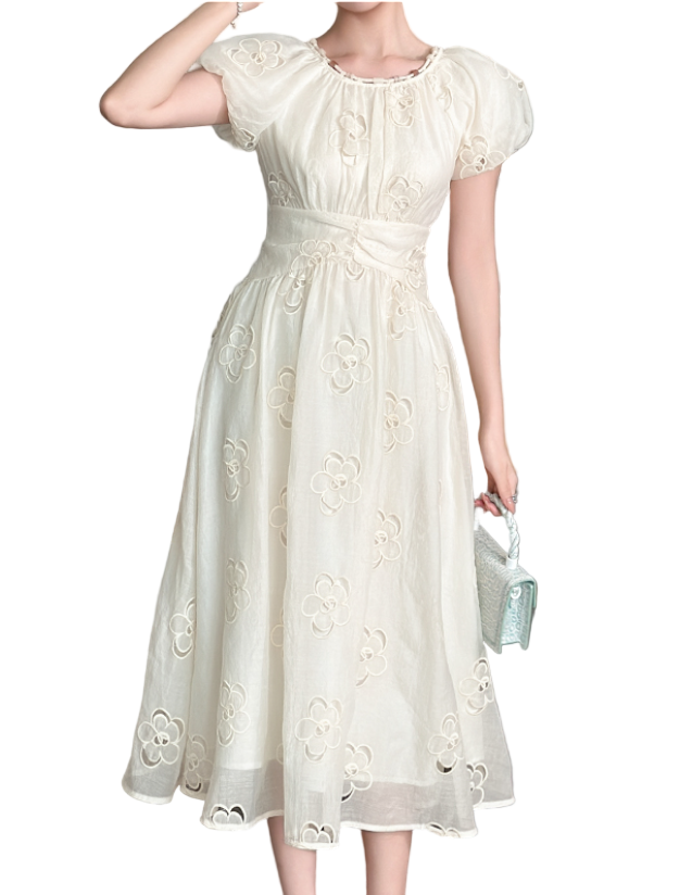 Timeless & Elegant White Color Puff Sleeve Embroidered a - Line Chiffon Dresses - B4-DRESS-B339