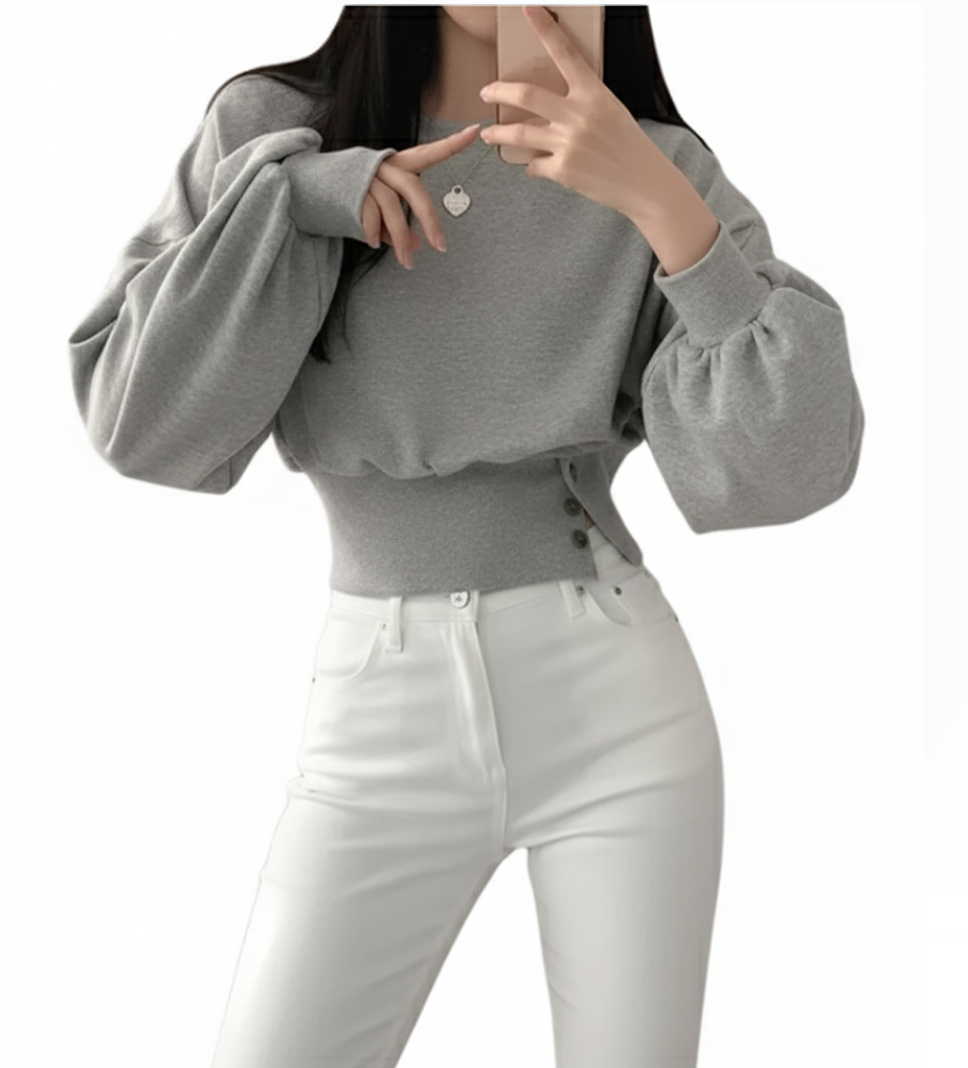 Trendy Round Neck Slim Waist Long Sleeve Pullover Women's Top -B6-TOP-B684