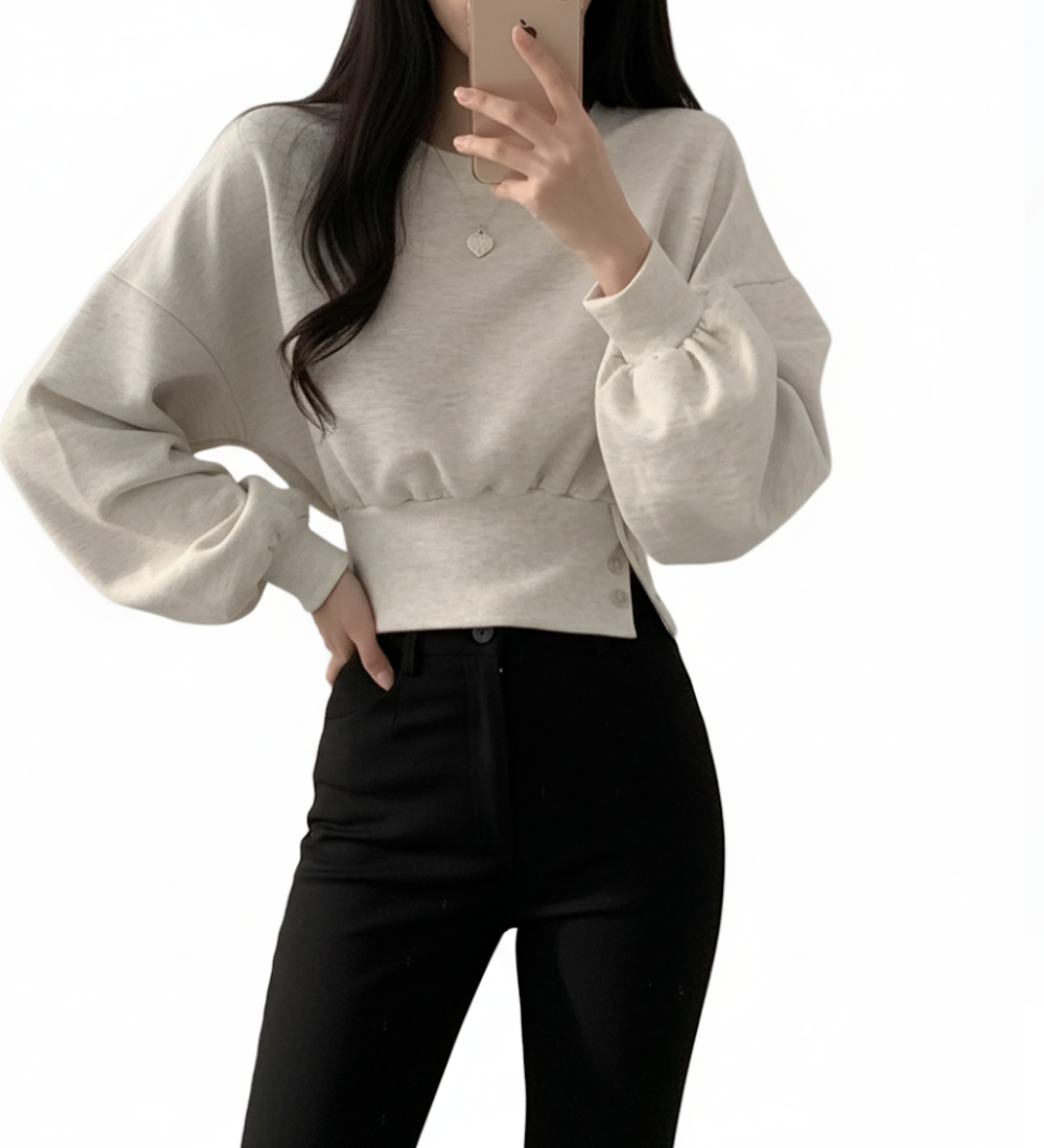 Trendy Round Neck Slim Waist Long Sleeve Pullover Women's Top -B6-TOP-B684