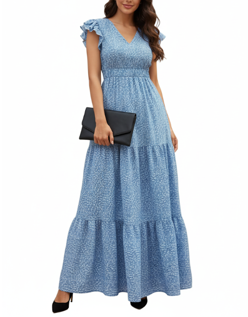 Trendy Summer Short Frill Sleeve High Waist Floral DRESS-B24