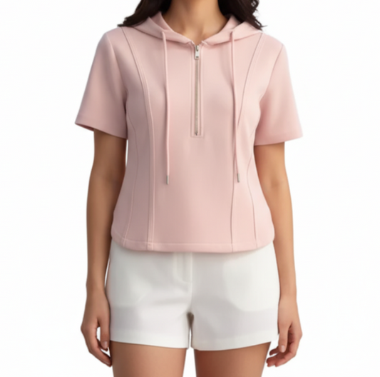 Trendy Zipped Hooded Short Sleeve Tops for Women- B6-TOP-B667