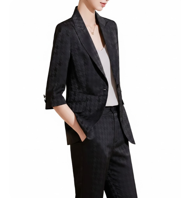 Trendy & Comfy Women's  Luxurious Houndstooth Print Acetic Acid Satin Versatile Suit - B15-SUIT-02