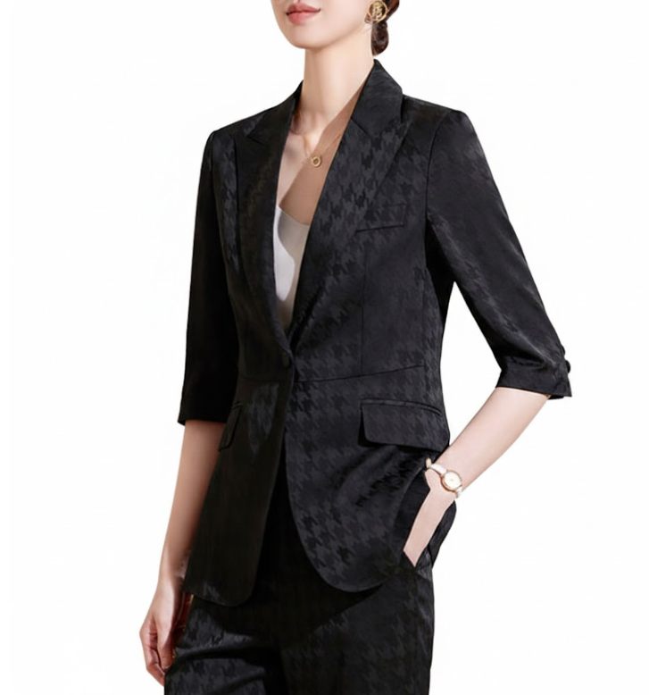 Trendy & Comfy Women's  Luxurious Houndstooth Print Acetic Acid Satin Versatile Suit - B15-SUIT-02