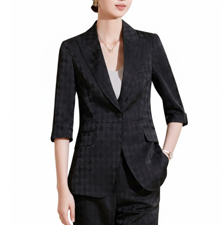 Trendy & Comfy Women's  Luxurious Houndstooth Print Acetic Acid Satin Versatile Suit - B15-SUIT-02