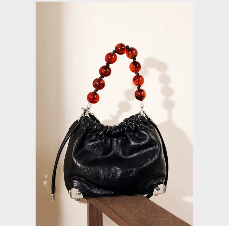 Trendy & Elegant Genuine Leather Designer Luxury Beaded Handle Handbags Shoulder Bag - B10-BAG-56