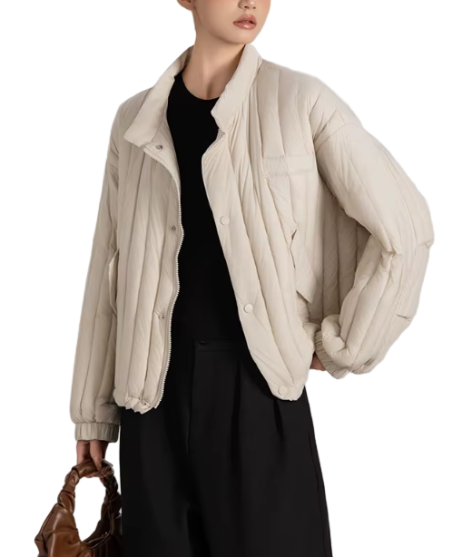 Trendy & Elegant Lightweight Loose Fit Stand up Collar Warm White Duck Down Quilted Jacket for Women - B12-JKT-76