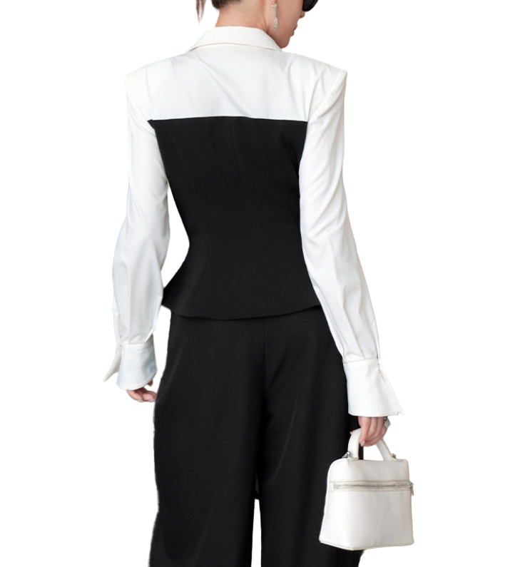 Trendy & Elegant Long Sleeve Lapel V-Neck Black & White Contrast Peplum Blazer - B4-BLZ-05