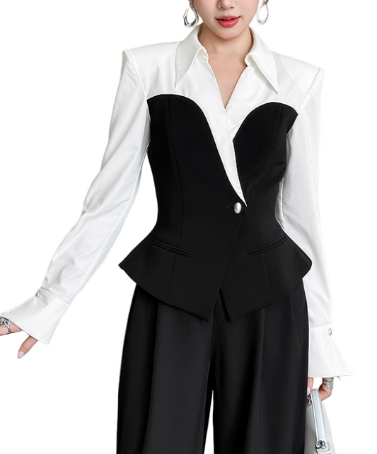 Trendy & Elegant Long Sleeve Lapel V-Neck Black & White Contrast Peplum Blazer - B4-BLZ-05