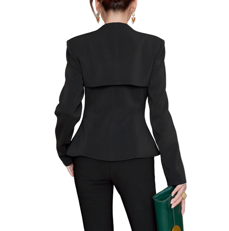 Trendy & Elegant Long Sleeve Lapel V-Neck Velvet Contrast Peplum Blazer Jacket - B4-BLZ-01