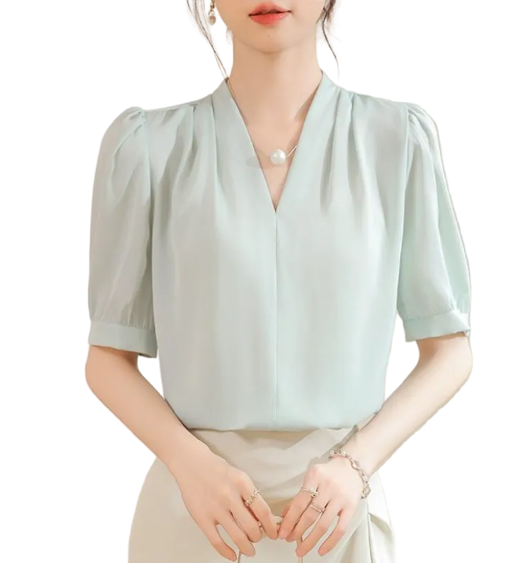 Trendy & Elegant Short Puff Sleeve V-neck Blouses for Women  - B13-TOP-400