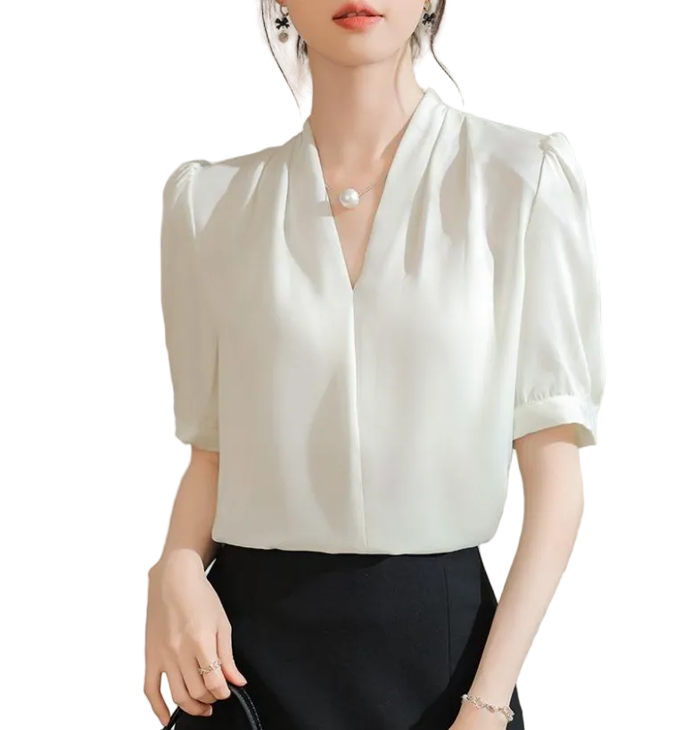 Trendy & Elegant Short Puff Sleeve V-neck Blouses for Women  - B13-TOP-400
