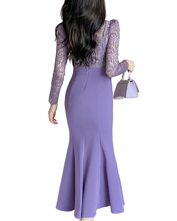 Trendy & Elegant Slim Waist Lace Long Sleeve Purple Dresses  - B4-DRESS-B343