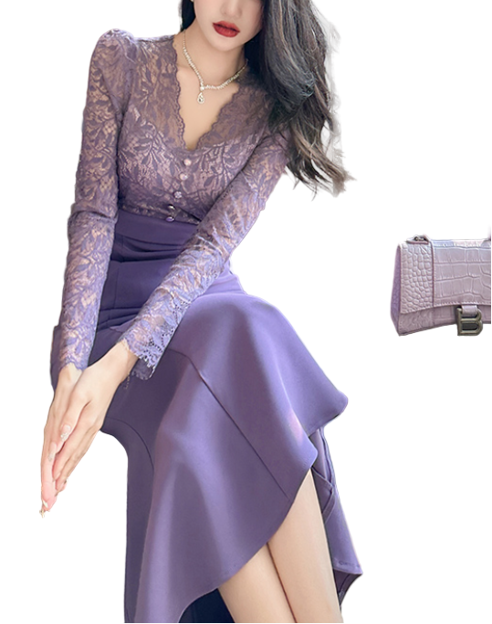 Trendy & Elegant Slim Waist Lace Long Sleeve Purple Dresses  - B4-DRESS-B343
