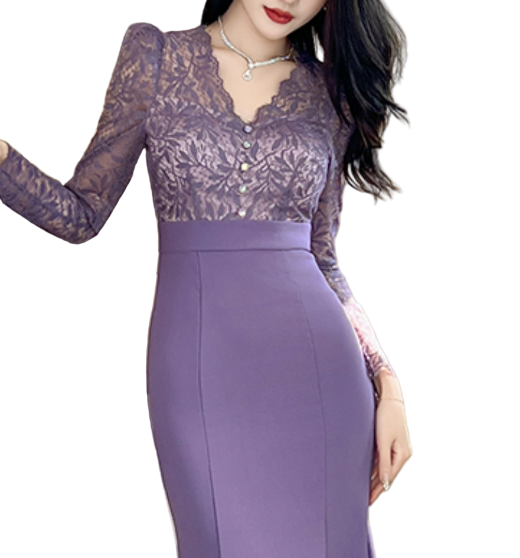 Trendy & Elegant Slim Waist Lace Long Sleeve Purple Dresses  - B4-DRESS-B343