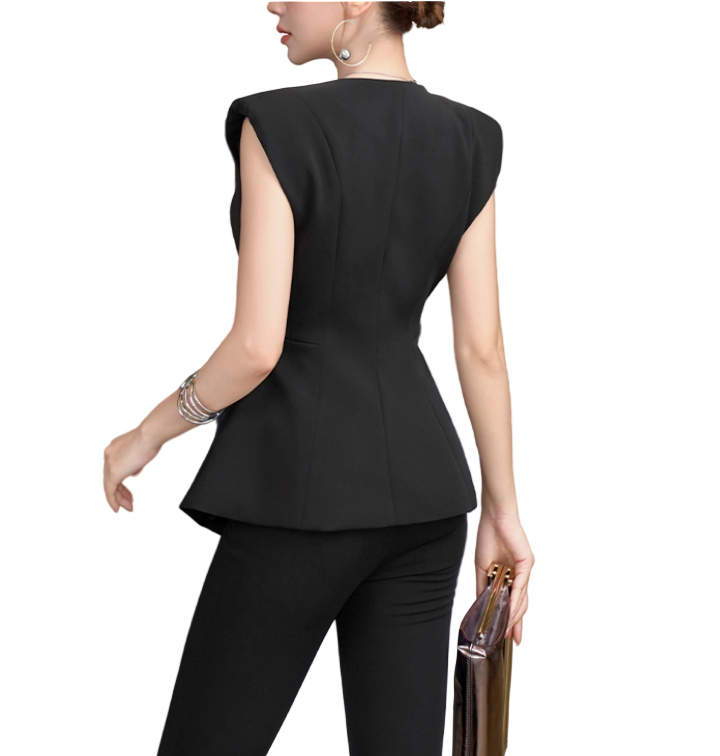 Trendy & Elegant Structured V-Neck Peplum Sleeveles Blouse Blazer - B4-BLZ-07