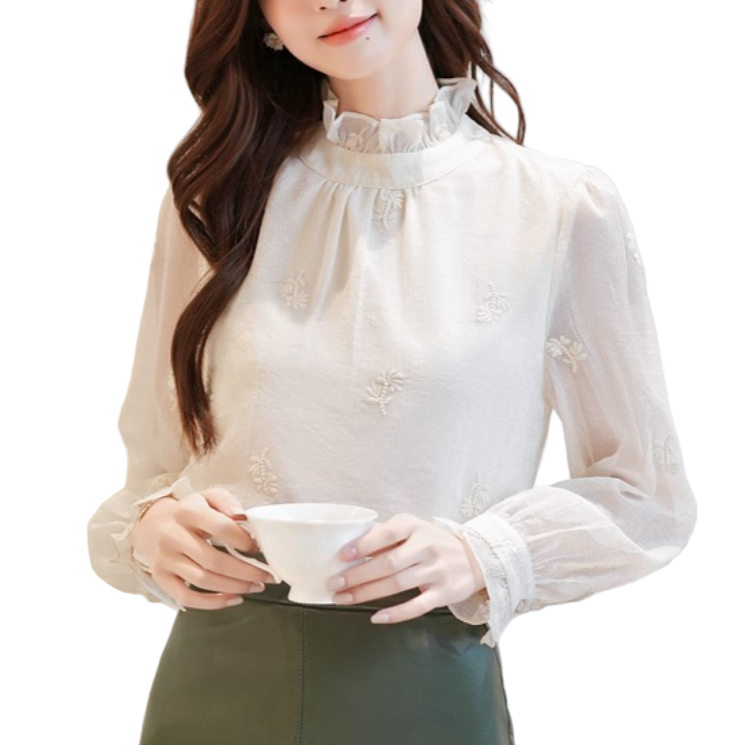 Trendy & Timeless Chiffon Stand Collar Long Sleeve Elegant  Pleated Pullover Blouse  - B13-TOP-04