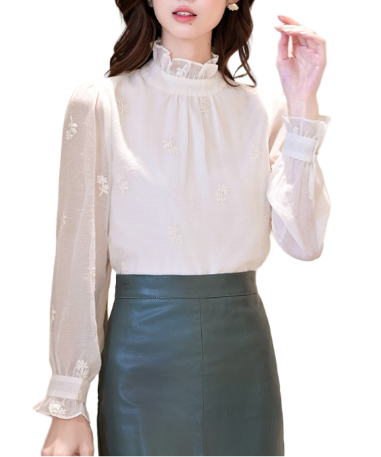 Trendy & Timeless Chiffon Stand Collar Long Sleeve Elegant  Pleated Pullover Blouse  - B13-TOP-04
