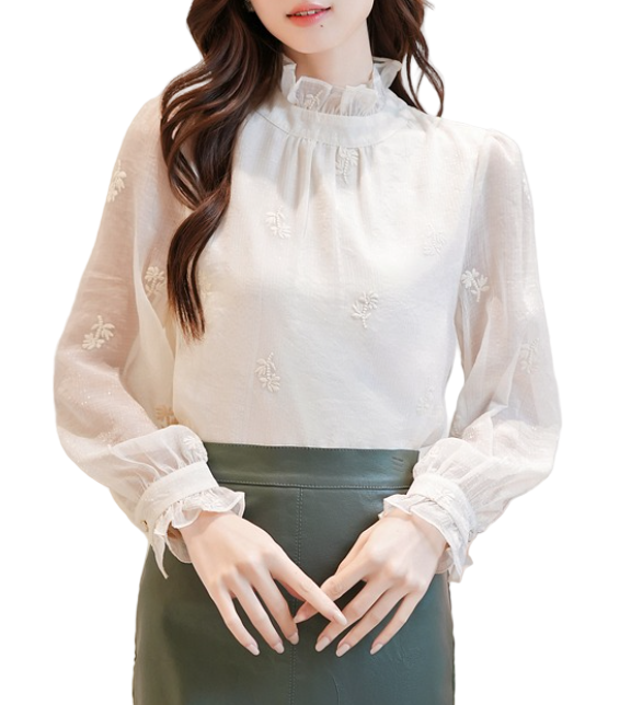 Trendy & Timeless Chiffon Stand Collar Long Sleeve Elegant  Pleated Pullover Blouse  - B13-TOP-04