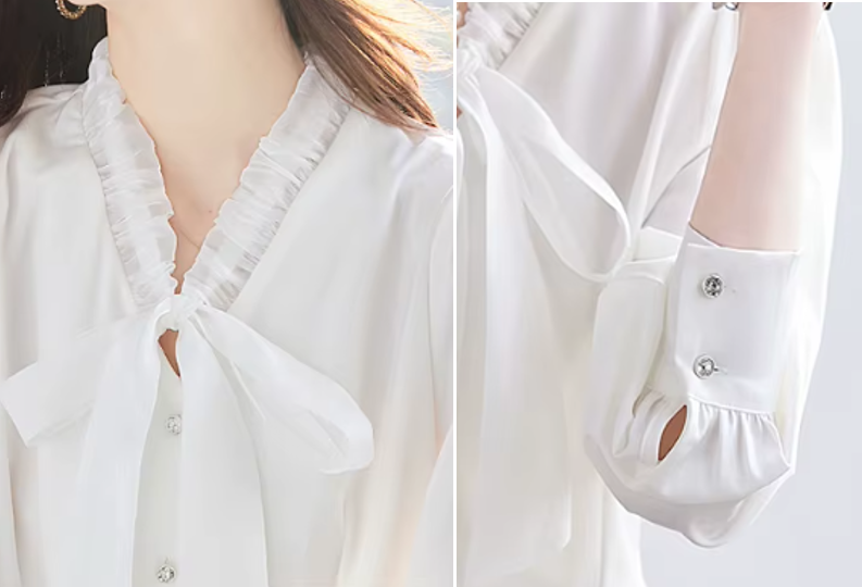 Trendy & Timeless Long Sleeve V-Bow-Neck Button-up Blouses for Women - B15-TOP-32