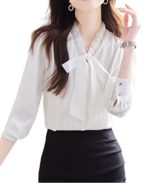 Trendy & Timeless Long Sleeve V-Bow-Neck Button-up Blouses for Women - B15-TOP-32