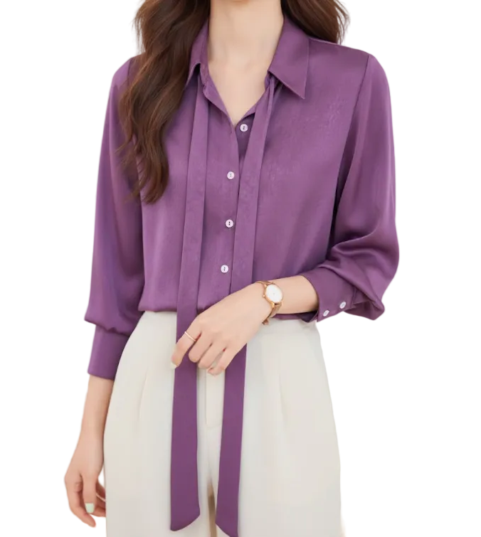 Trendy & Timeless Long Sleeve Bow Button-up Collar Blouses for Women - B15-TOP-13