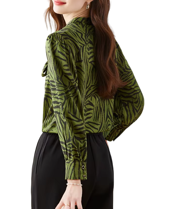 Trendy & Timeless Long Sleeve Bow Neck Zebra Print Blouses for Women - B15-TOP-60