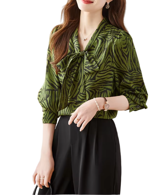 Trendy & Timeless Long Sleeve Bow Neck Zebra Print Blouses for Women - B15-TOP-60
