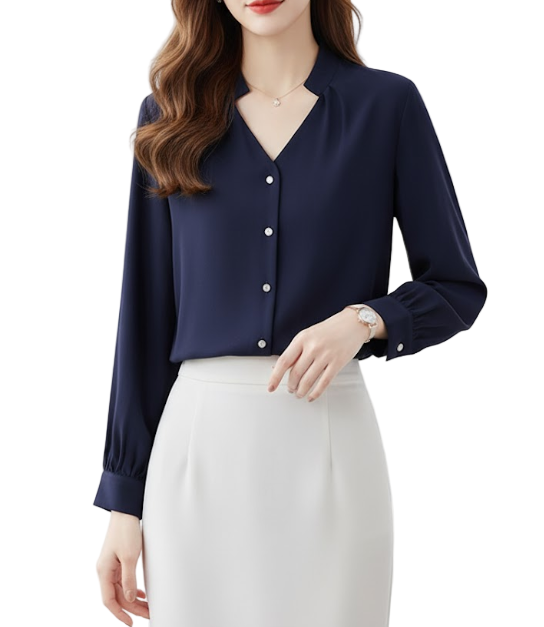 Trendy & Timeless Long Sleeve Button-up V-neck Shirts for Women - B15-TOP-40