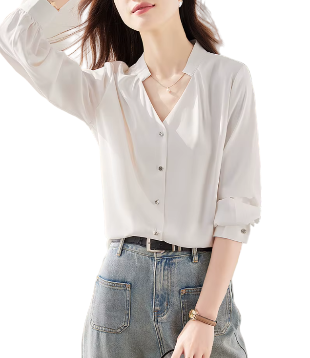 Trendy & Timeless Long Sleeve Button-up V-neck Shirts for Women - B15-TOP-40