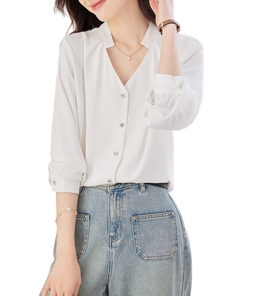 Trendy & Timeless Long Sleeve Button-up V-neck Shirts for Women - B15-TOP-40