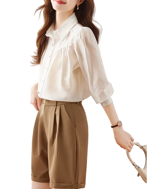 Trendy & Timeless Long Sleeve Collar Pleated Dress Shirts for Women - B15-TOP-51