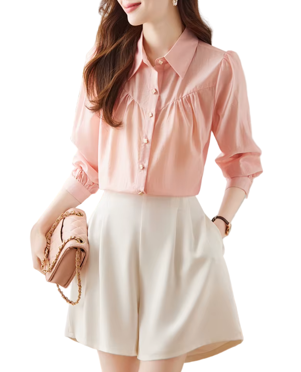 Trendy & Timeless Long Sleeve Collar Pleated Dress Shirts for Women - B15-TOP-51