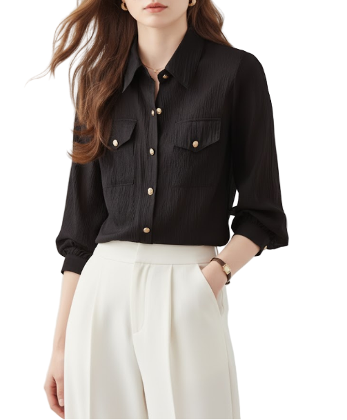 Trendy & Timeless Long Sleeve Collar Chest Pocket Dress Shirts for Women - B15-TOP-55